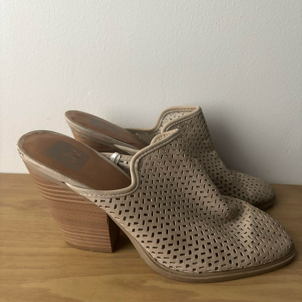 DV Dolce Vita taupe beige faux leather laser cut heeled slip on mules